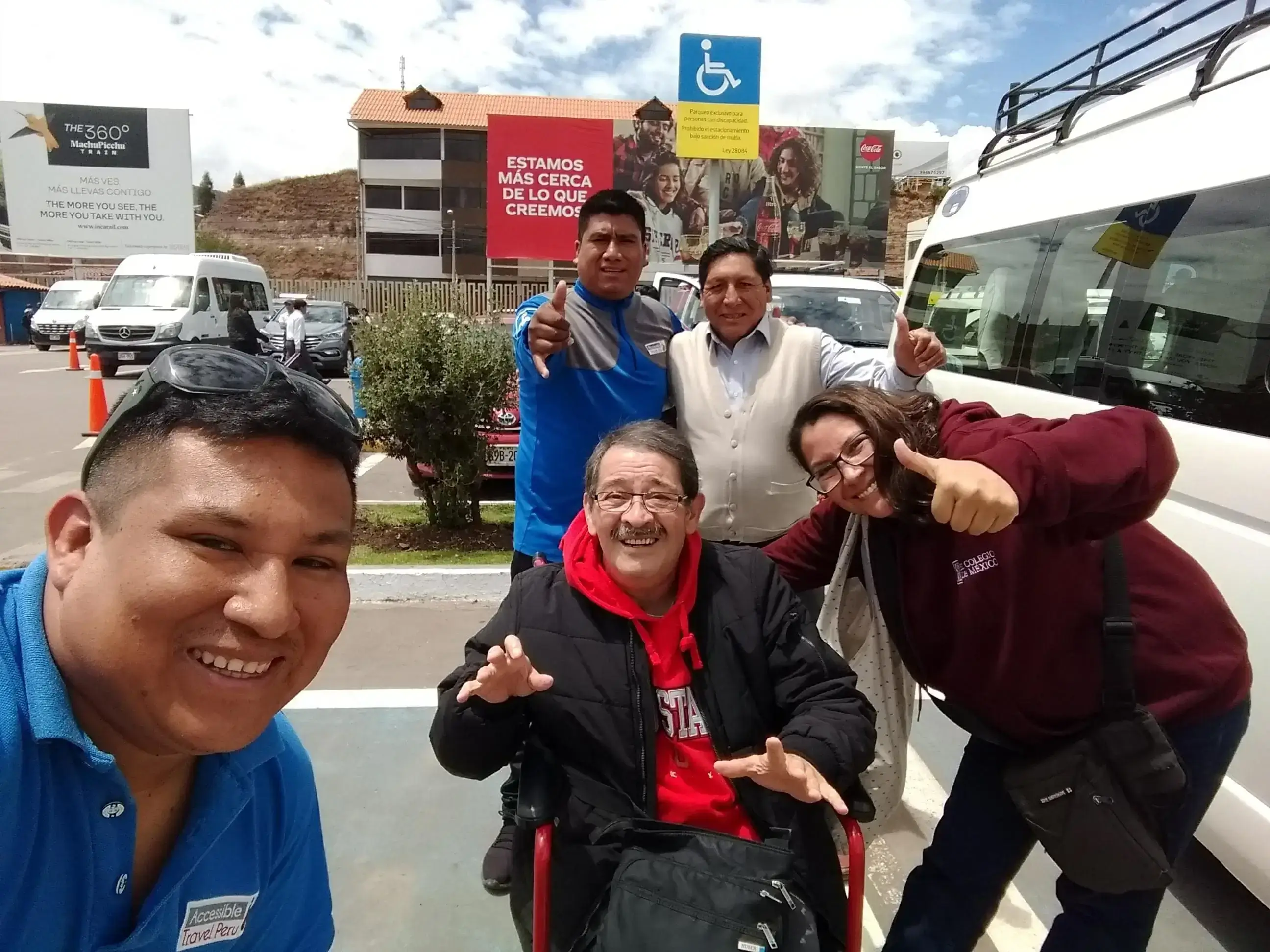 Mr Quijano from Mexico wheelchair traveler accessible Peru tour group selfie thumbs up